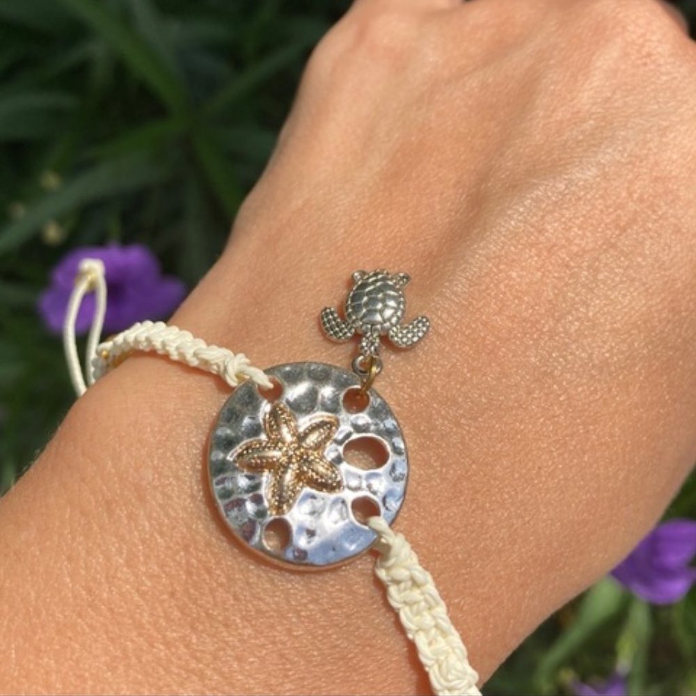 Sand Dollar & Sea Turtle Silver Braided Bracelet